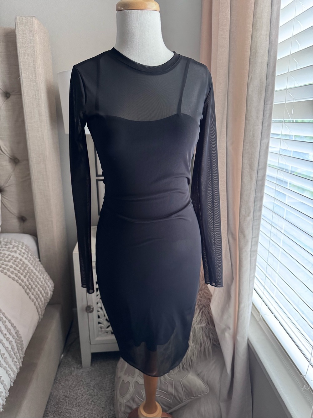 Sheer-Panel Long Sleeve Black Bodycon Midi Dress